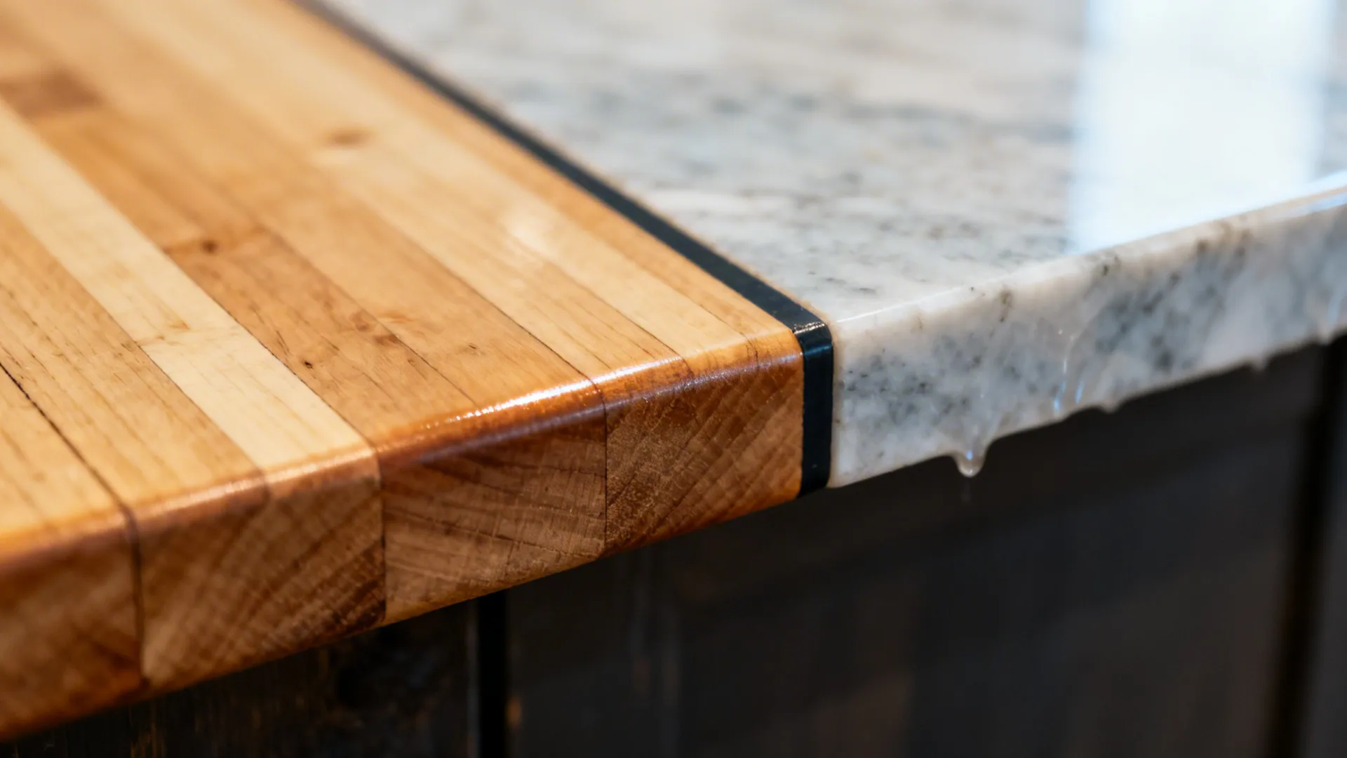 Macro of a salvaged countertop edge showing tight seams and refined finish.