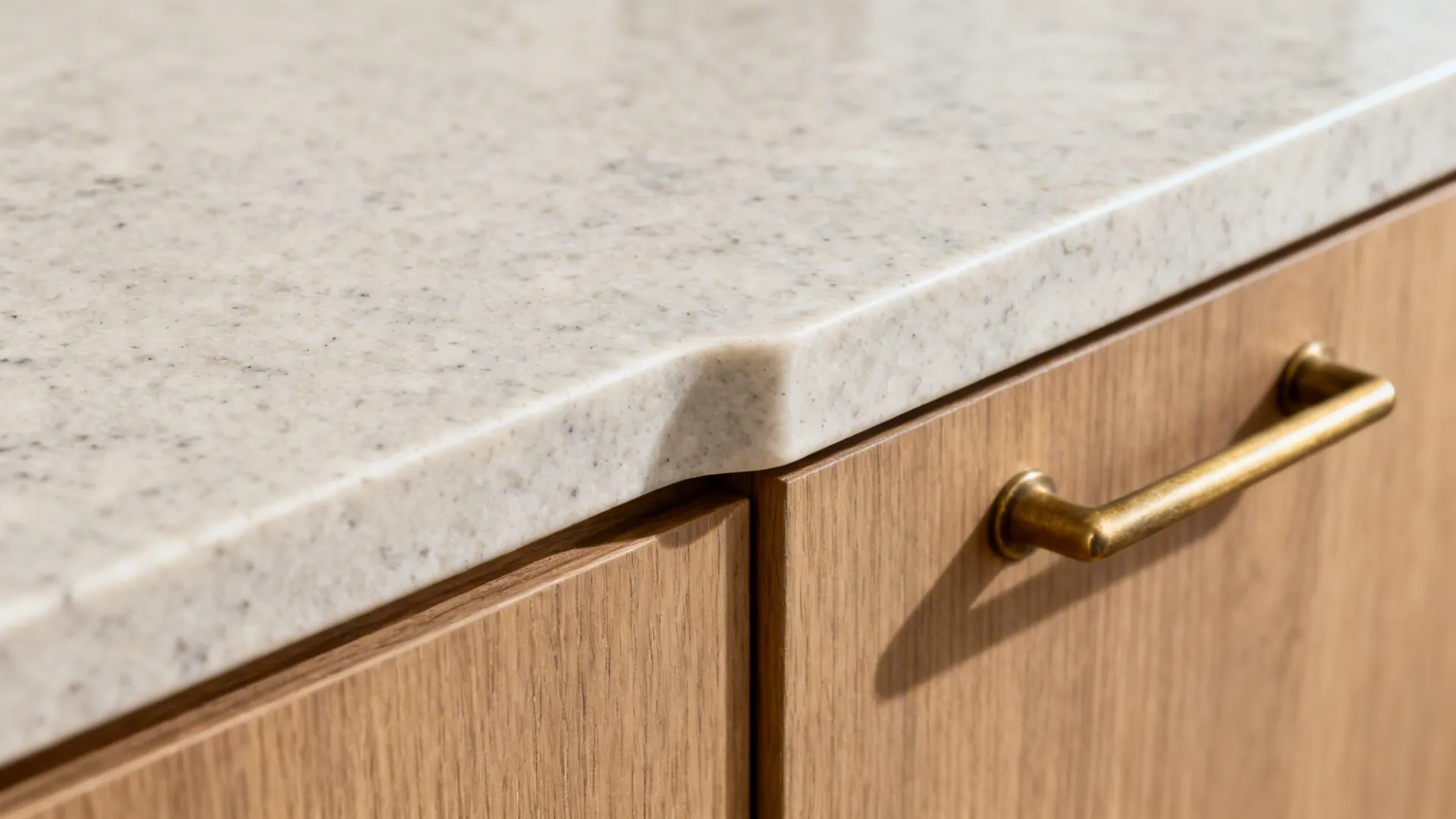 Macro of a honed stone half bullnose edge meeting a wood-look cabinet with a brass pull.