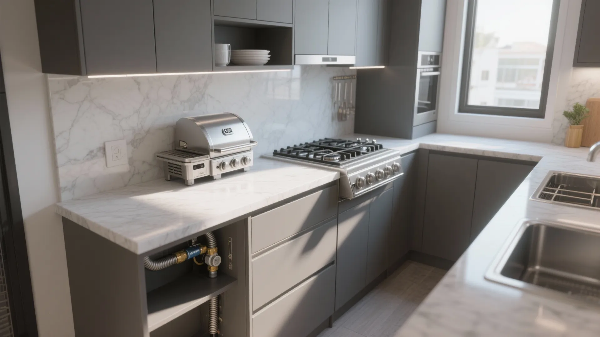 Modern grey kitchen with marble countertop showing built-in gas stove and small metal cooking appliance