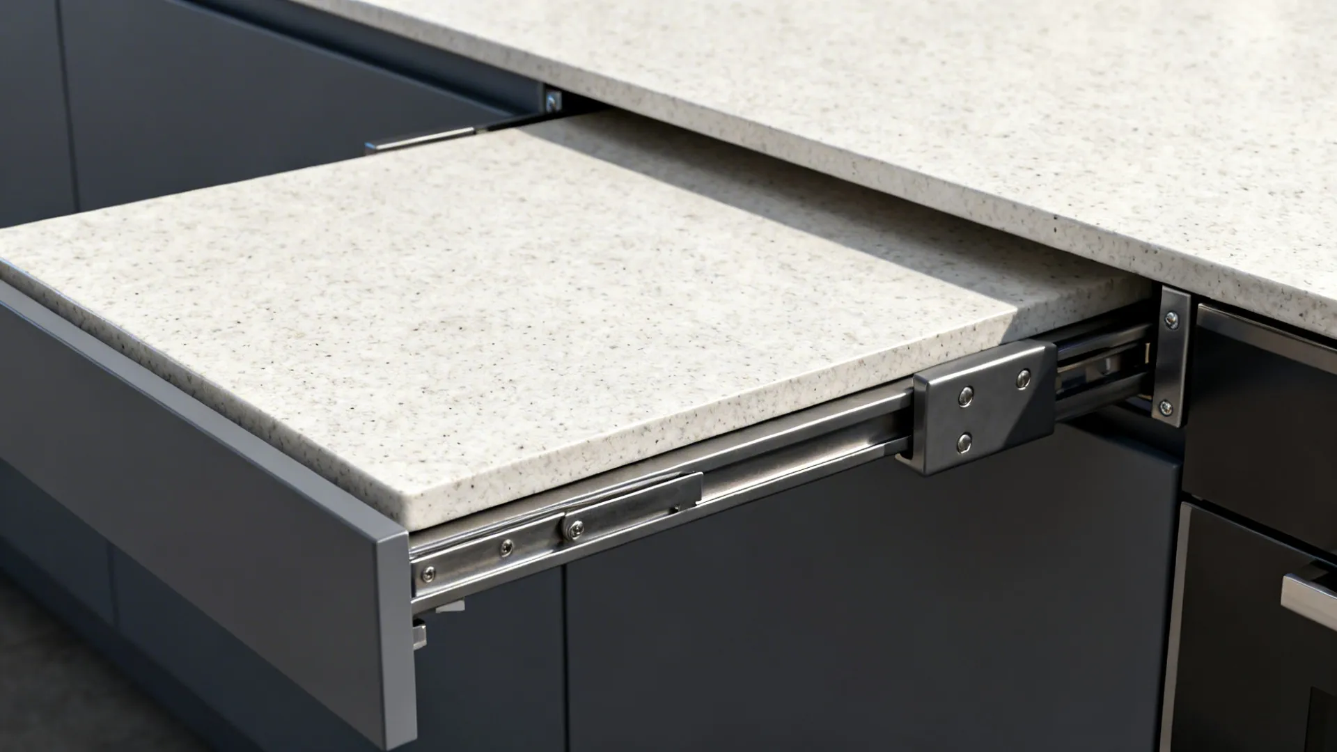 Macro of a pull-out chopping board and flip-up ledge with robust folding brackets in matching finish.