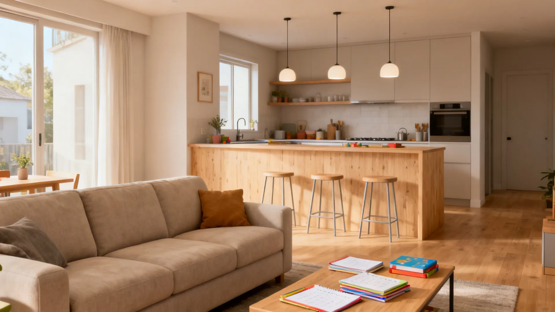 Sofa oriented toward the kitchen island for easy conversation in an open plan space.