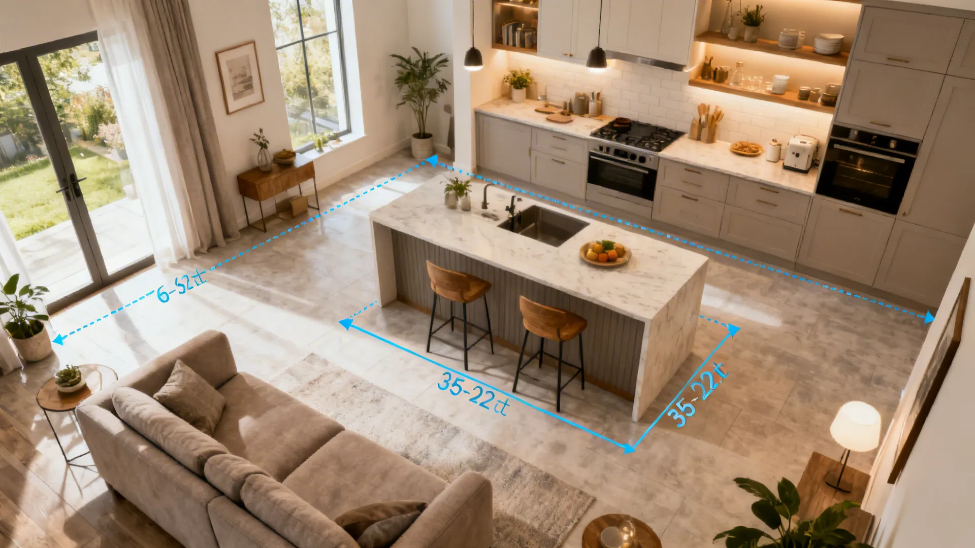 Top-down diagram-style view showing sofa facing an island with clear aisle space.