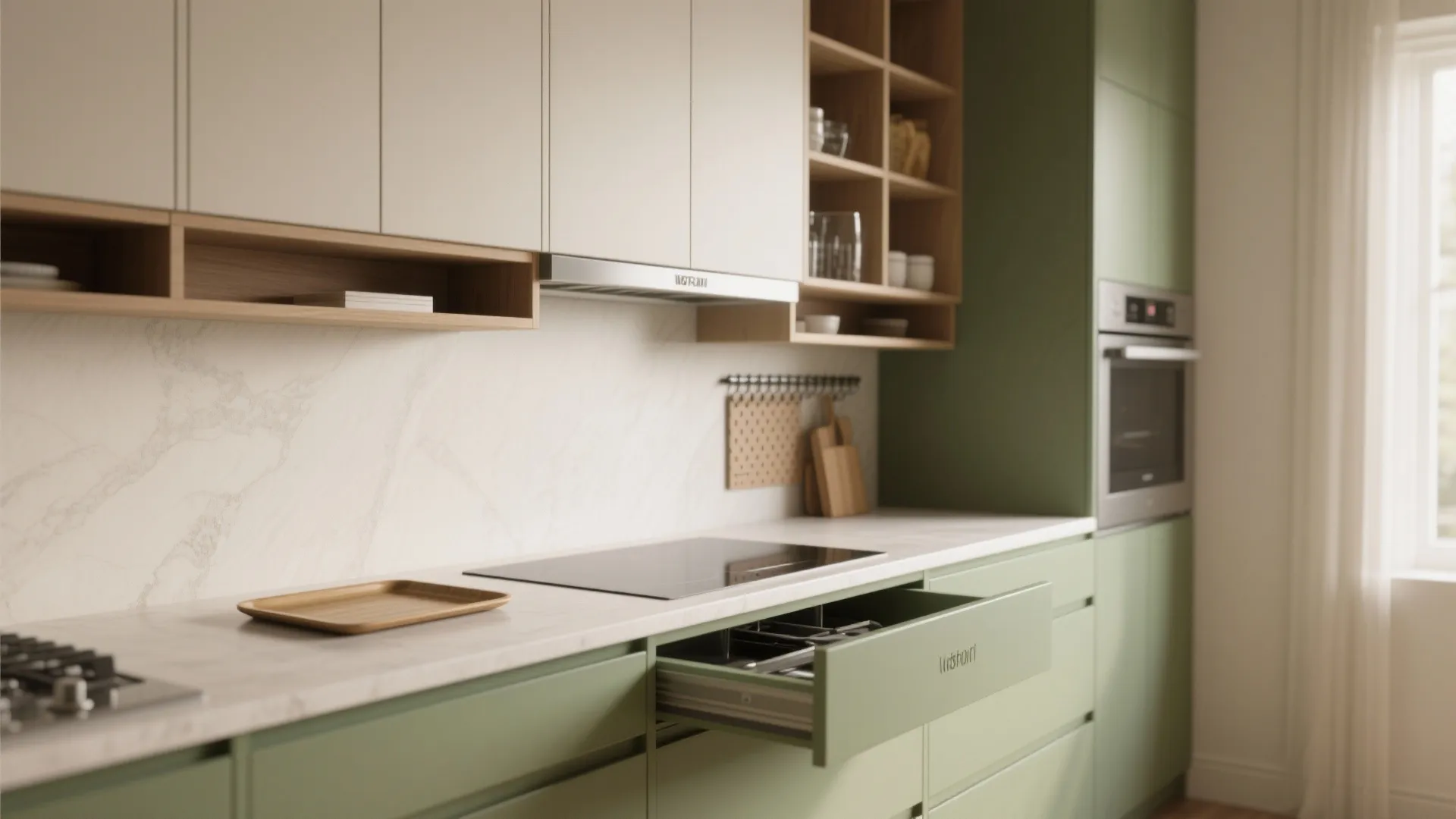 Modern green kitchen with white marble countertop open drawer wooden cabinets and built in wall oven