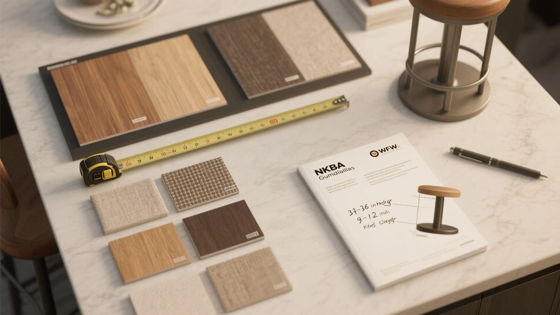 Interior design materials on white table with tape measure notebook wood samples and black pen