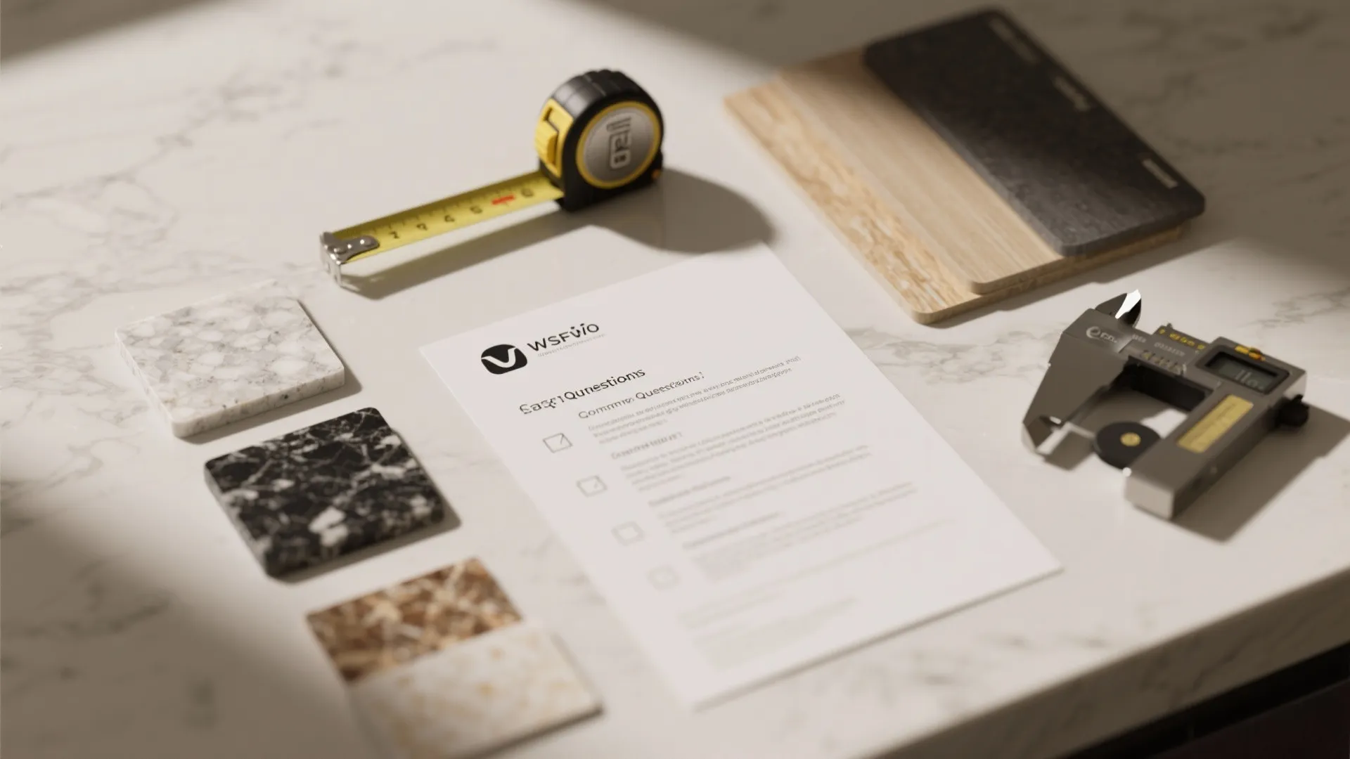 Table with measurement tape and stone material samples next to a document and wood boards