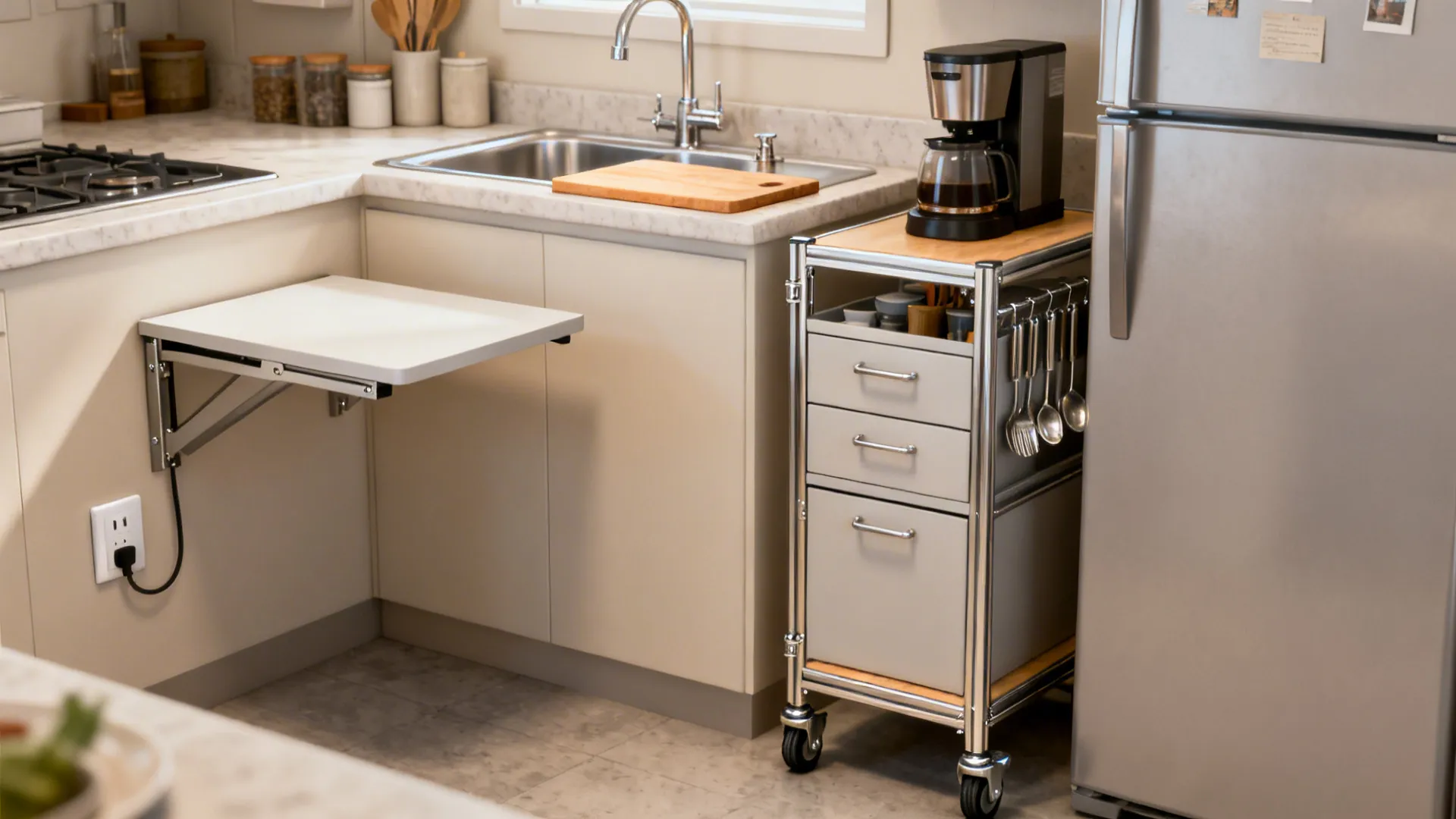 Small kitchen with over-sink cutting board, fold-down wall table, and a slim rolling cart coffee station.