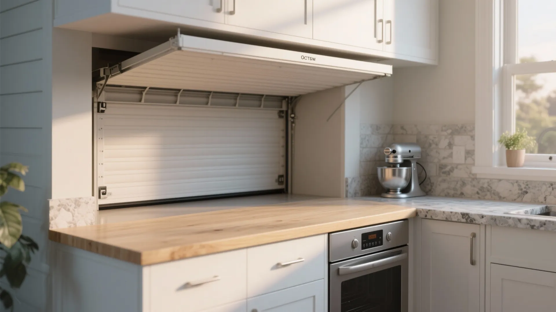 White kitchen counter with wood top showing a rolling door cabinet and small stand mixer appliance