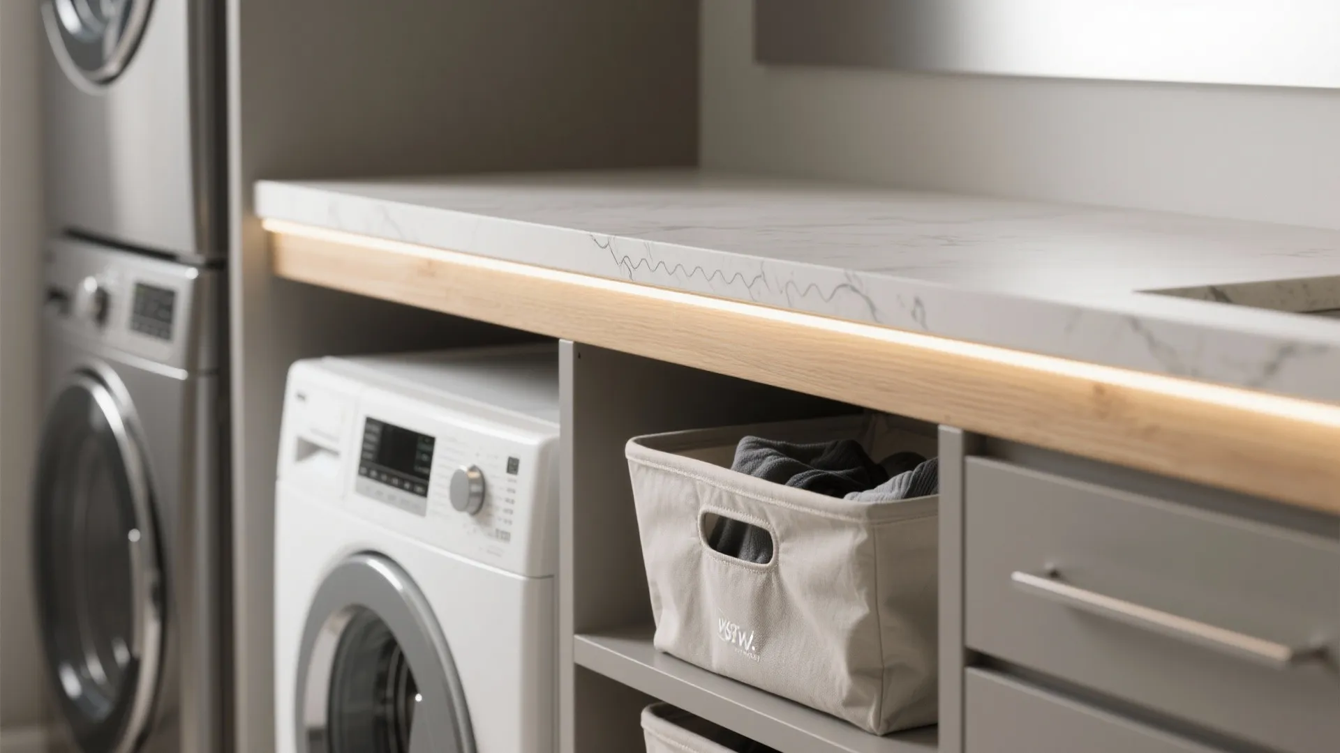 4) Over-machine countertop and hidden hampers