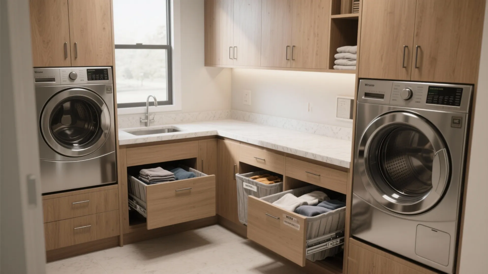 Counter Above Front-Loading Machines with Built-in Hampers