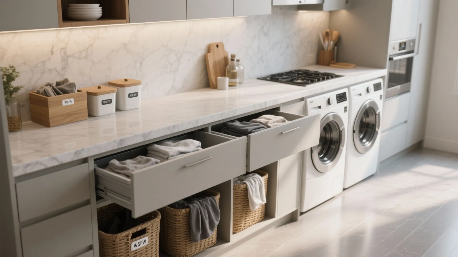 3. Countertop + Hidden Hampers (with smart layout cues)