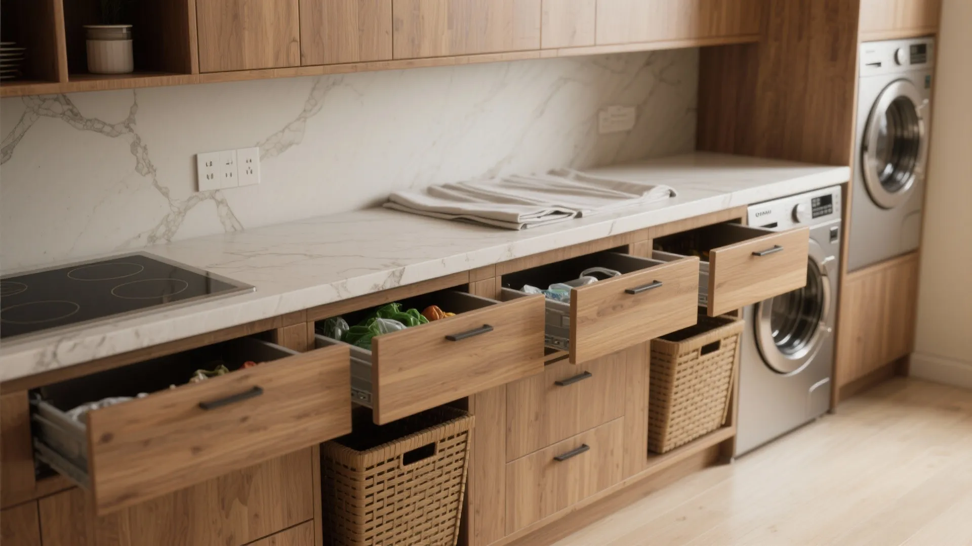 4. Create a multi-use countertop with integrated hampers