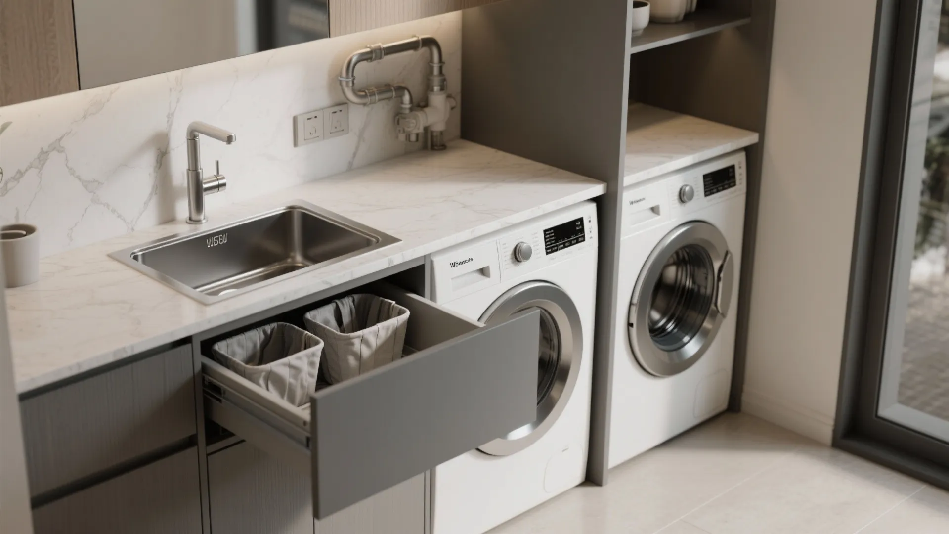 5. Built-in counter, sink, and pull-out hampers