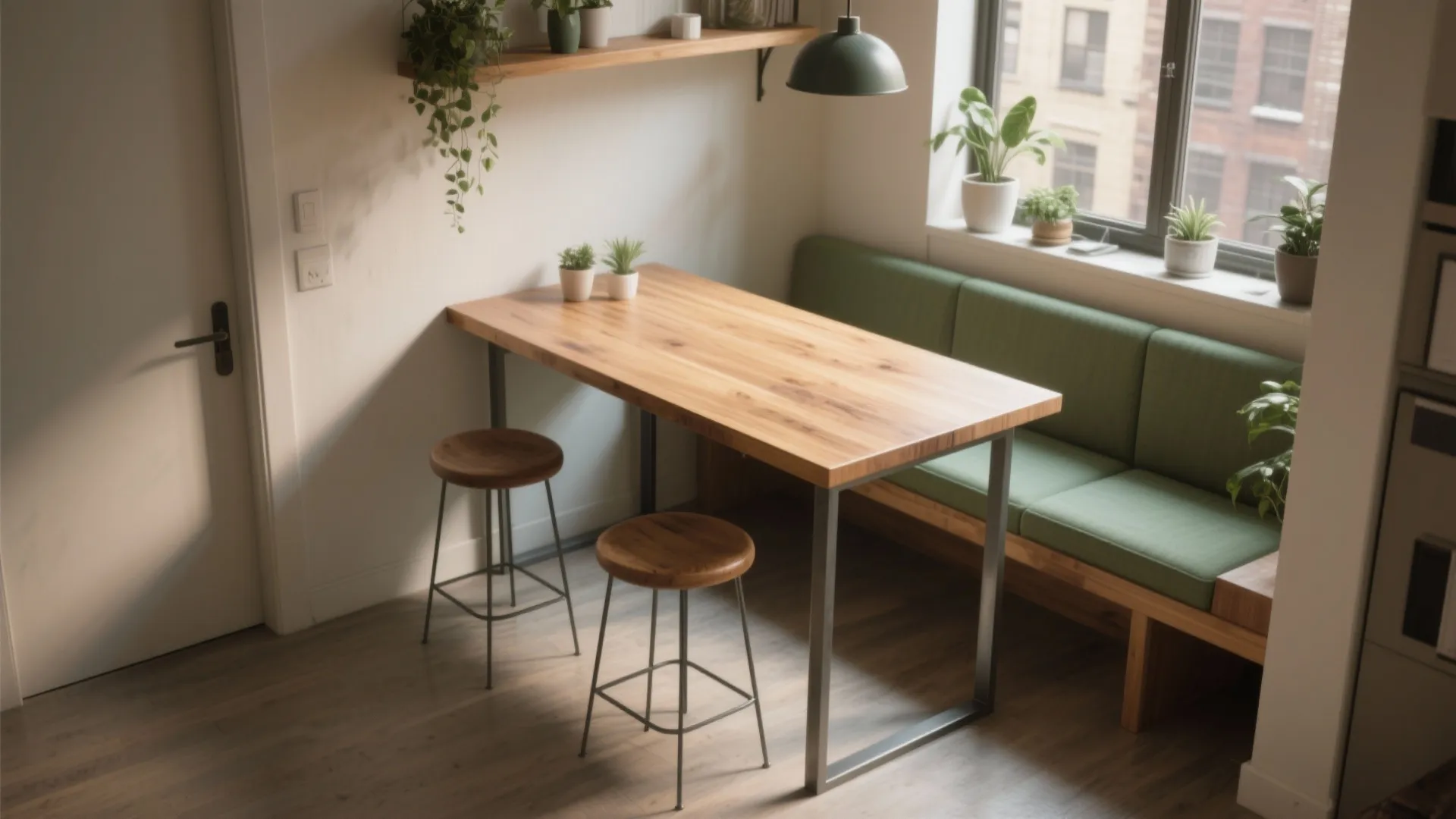 Wooden table with green bench seating against white wall near window with many small green plants
