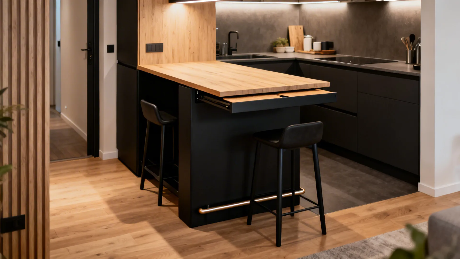 Counter-height convertible table with drop leaves and two low-back stools tucked underneath.