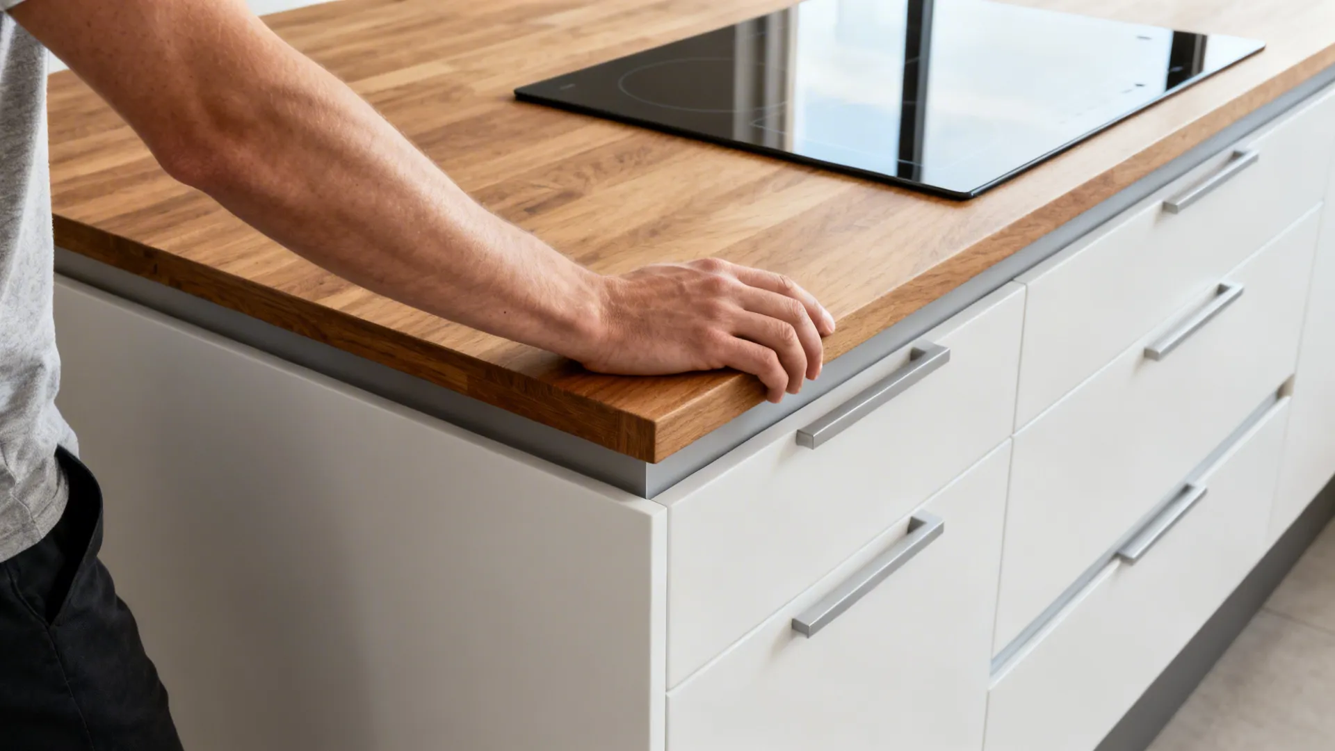 Macro view of counter height set just below elbow level with lower cook zone and recessed toe kick.