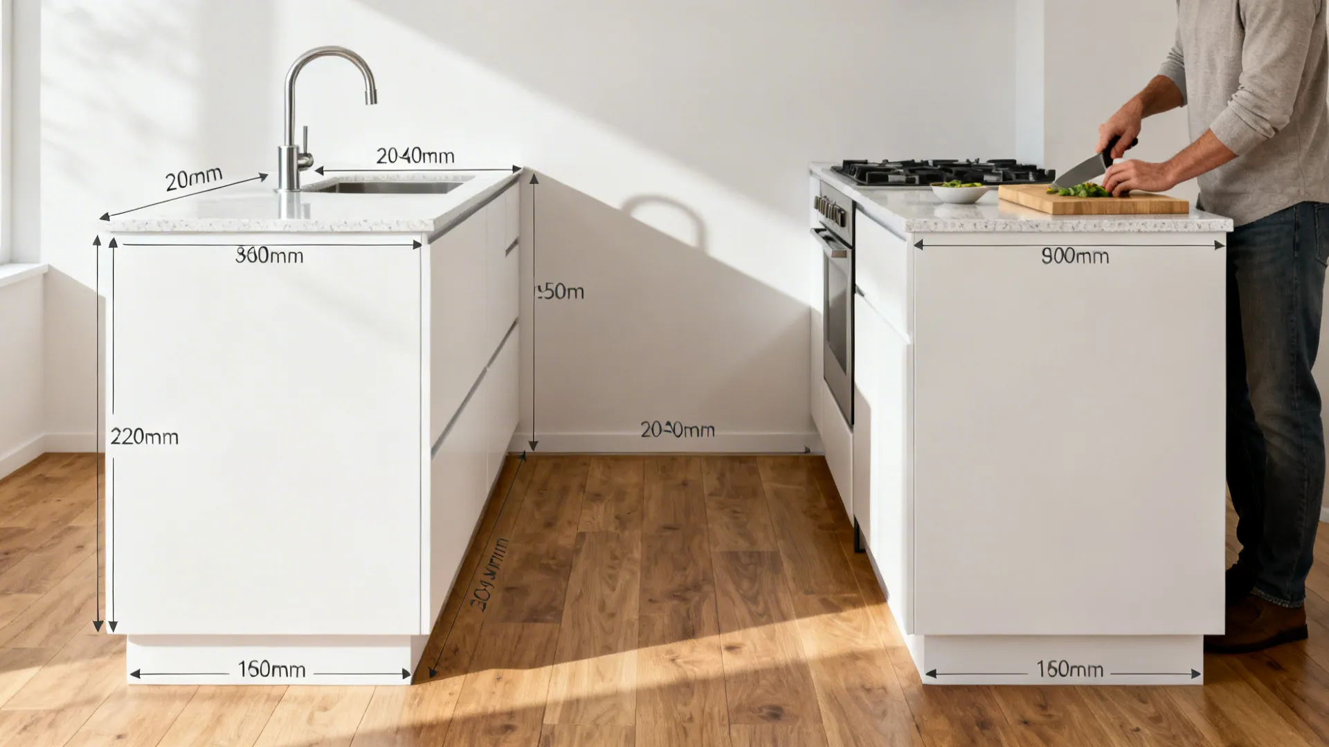 Before-and-after galley view comparing higher and lower counter heights for ergonomic comfort.