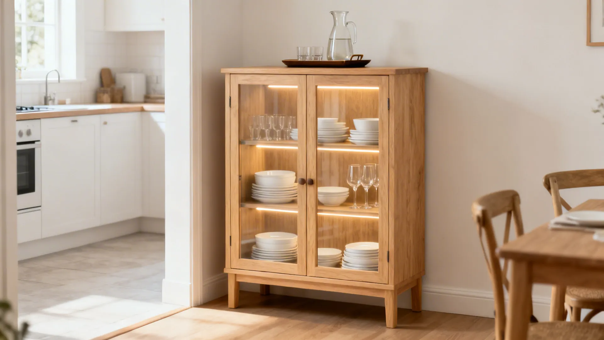 Wooden cabinet with glass doors and lights displaying white plates and glasses in a dining room