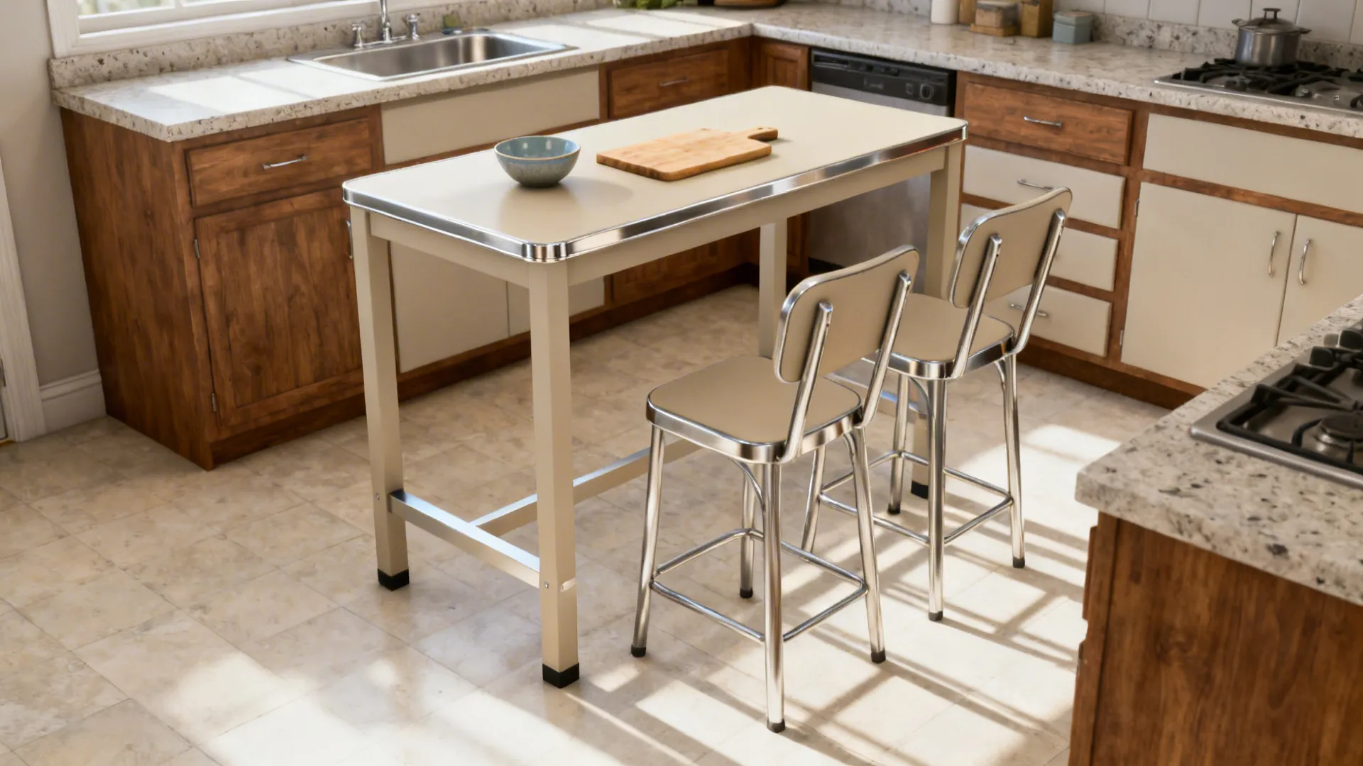 Small kitchen with a counter-height center table aligned to counters, with mixed seating.