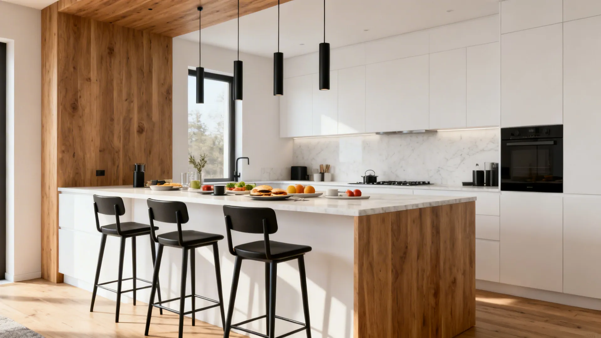 Counter-height table aligned with kitchen counters and supportive back stools.