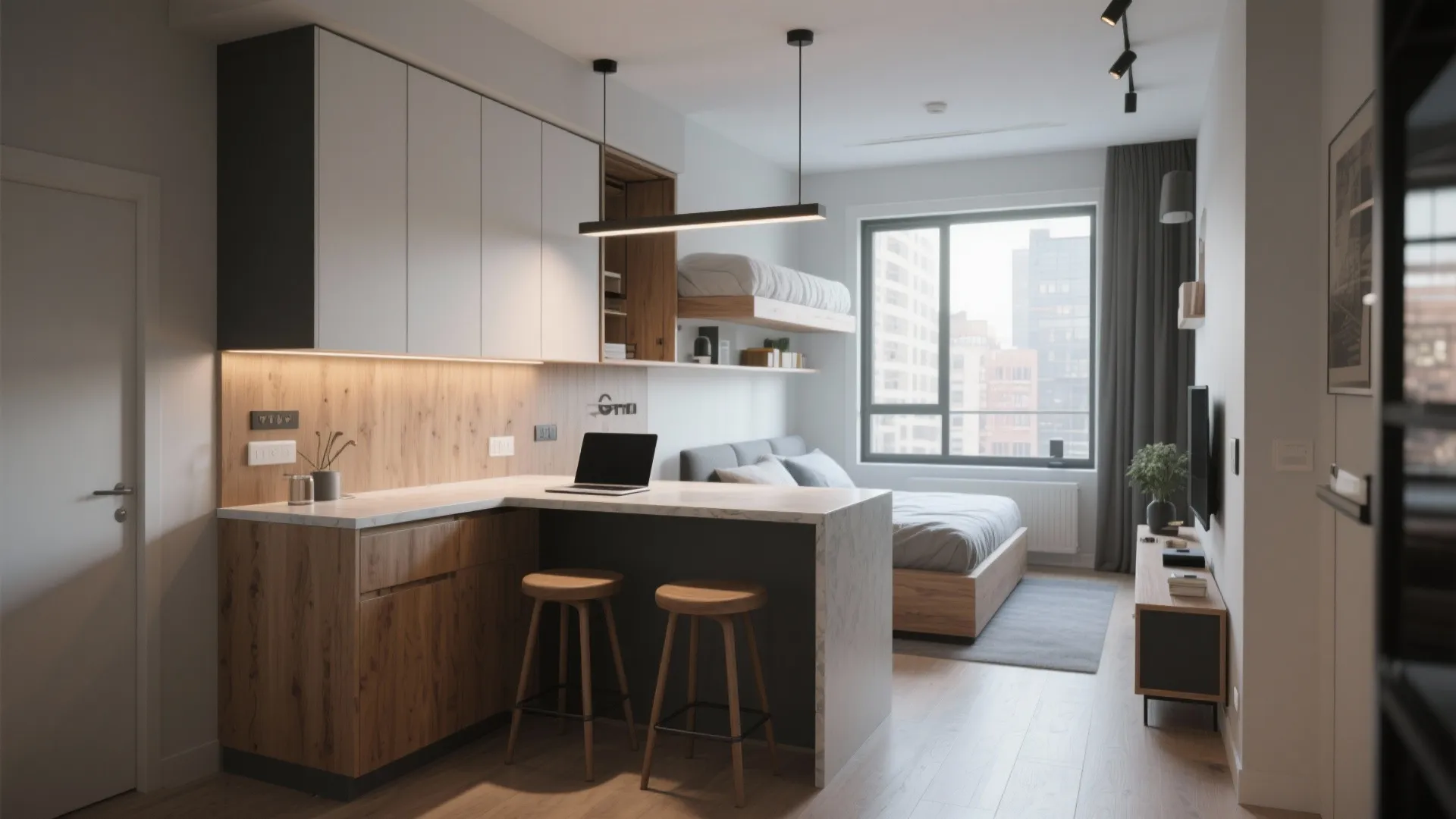 4. Counter-height bar table integrated above the Murphy bed