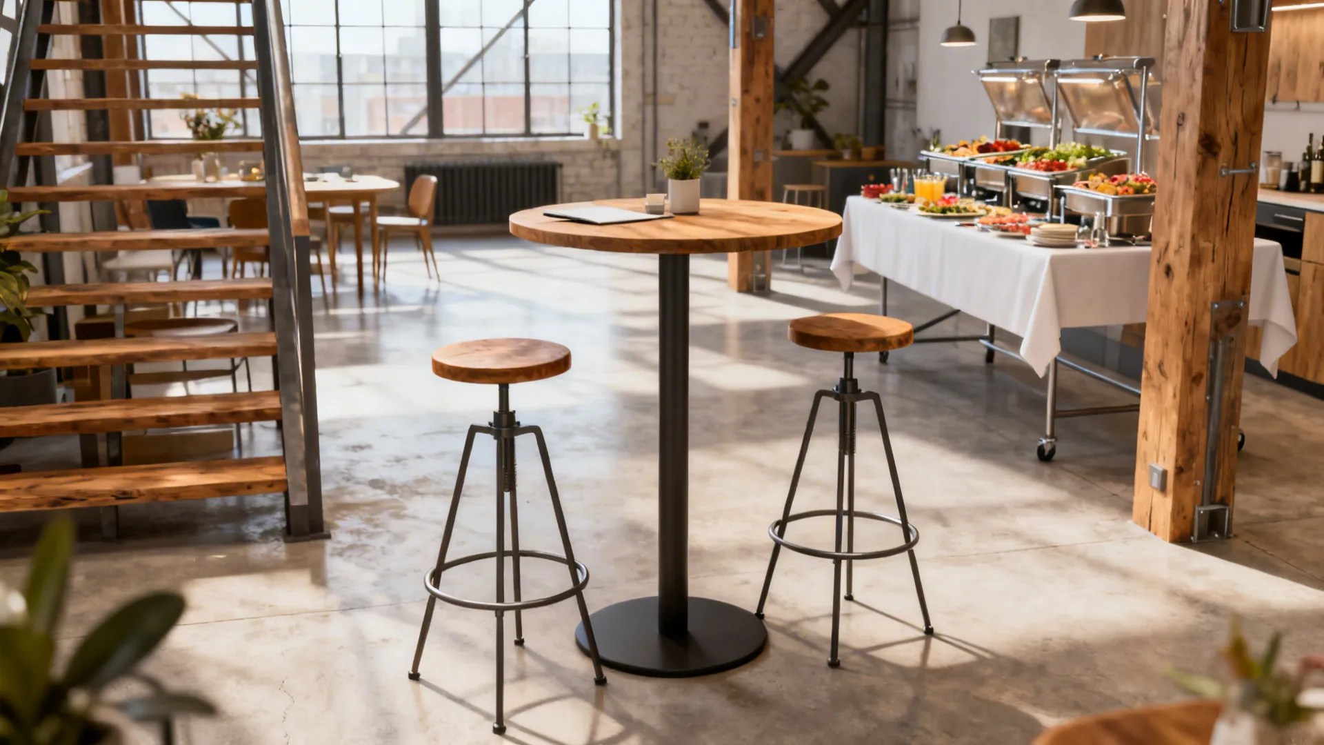 Counter-height round table with tall stools used for dining and standing work in an open-plan loft