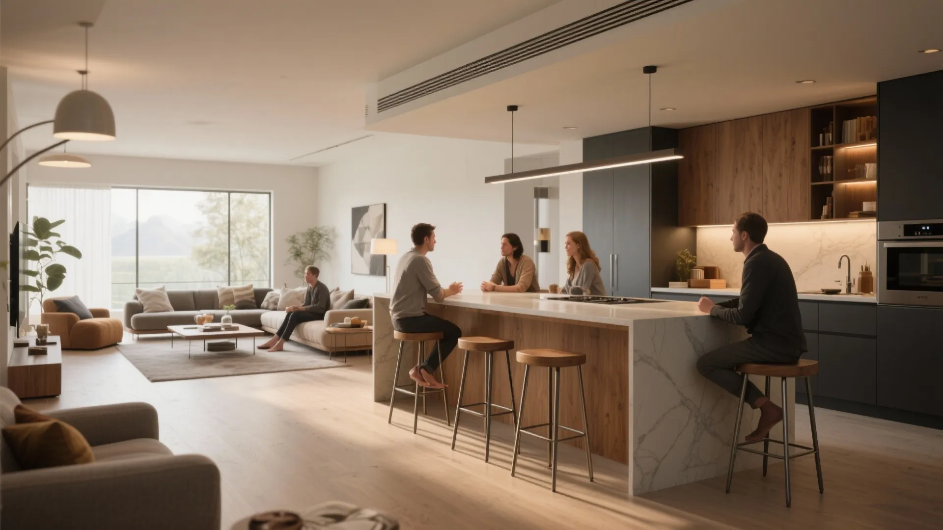 Large open plan kitchen and living room layout with people sitting on wooden island stools