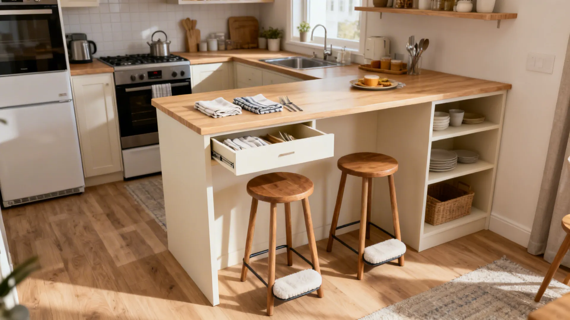 Counter-height table with drawers and cubbies serving as prep and dining in a small kitchen.