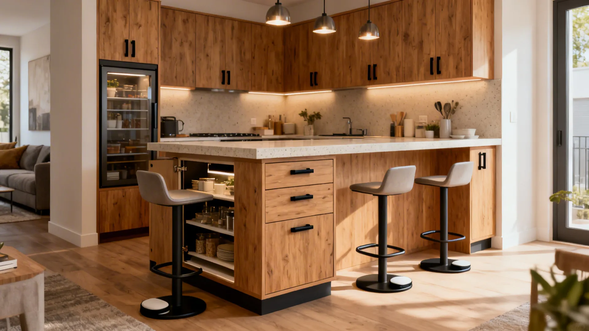 Counter-height dining bar with shallow base cabinets and open knee space on the seating side