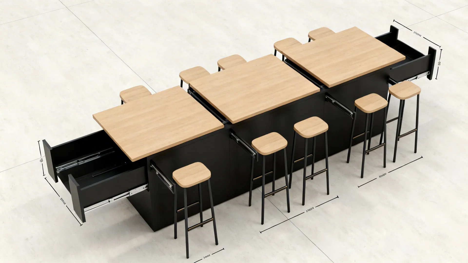 Top-down plan showing convertible counter-height table in three configurations with stools.