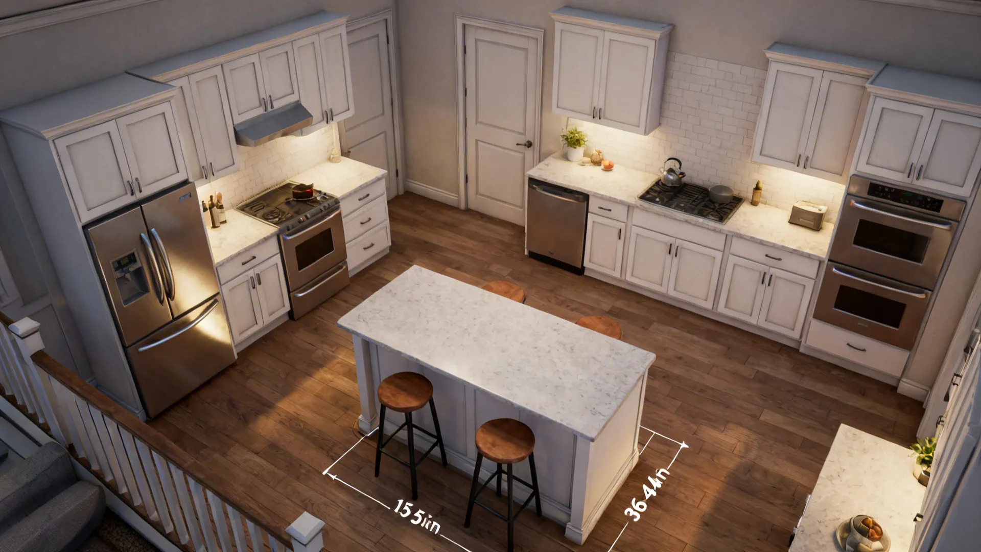 Top-down view showing counter-height table alignment and clear circulation lanes.