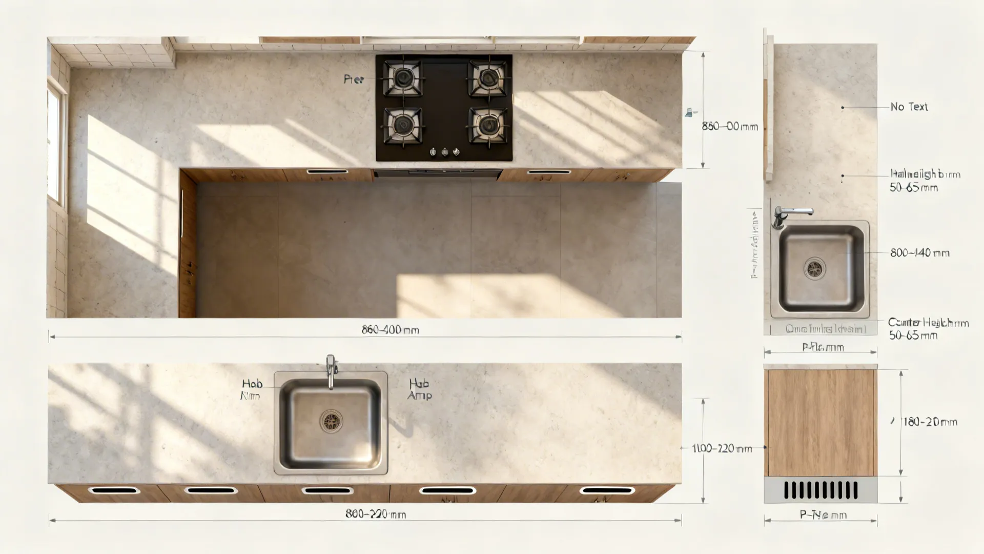 Process visual of Indian kitchen with stepped counter heights for prep, hob, and sink ergonomics.