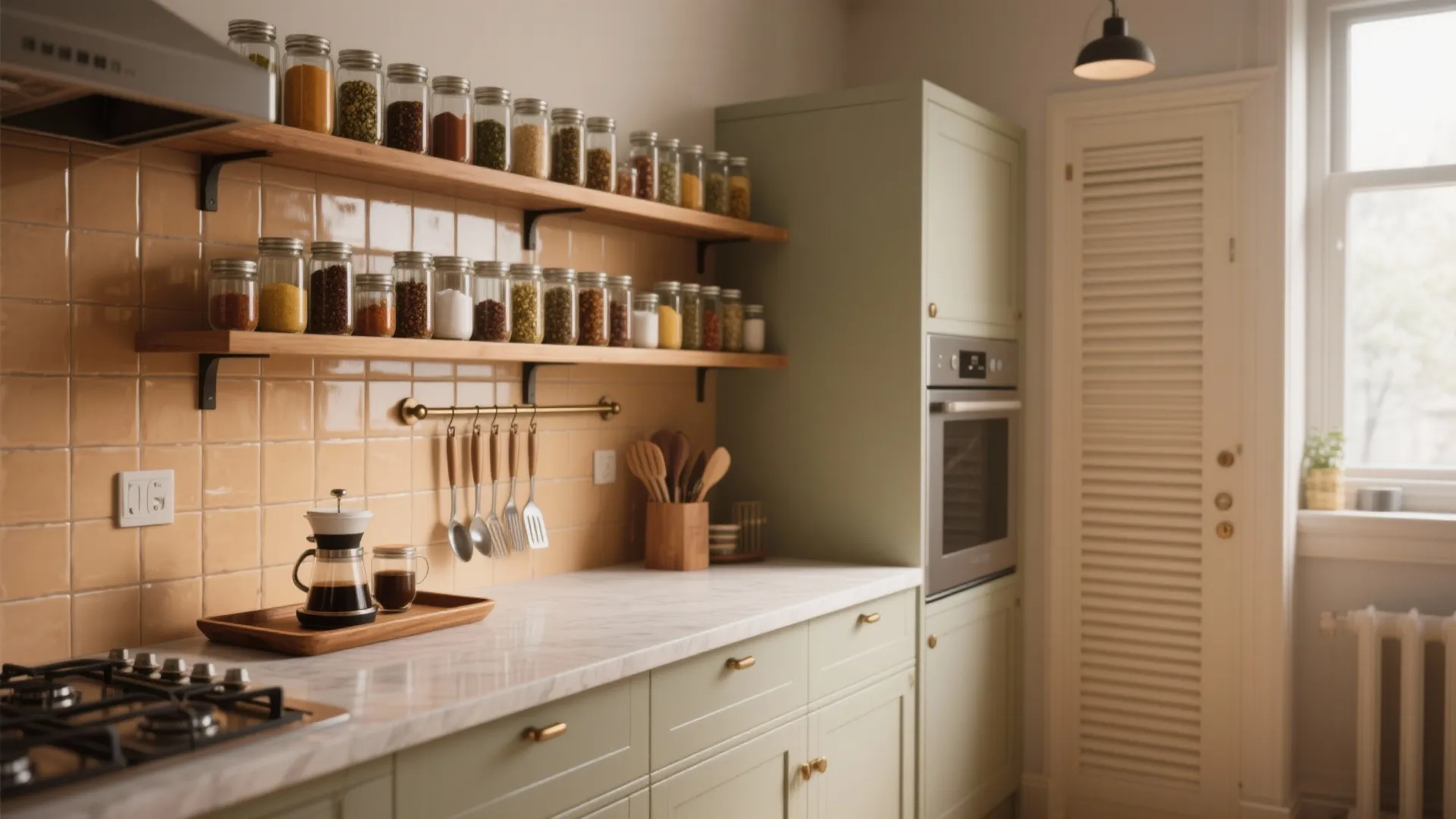Kitchen interior with green cabinets marble countertop wooden shelves with glass spice jars and oven