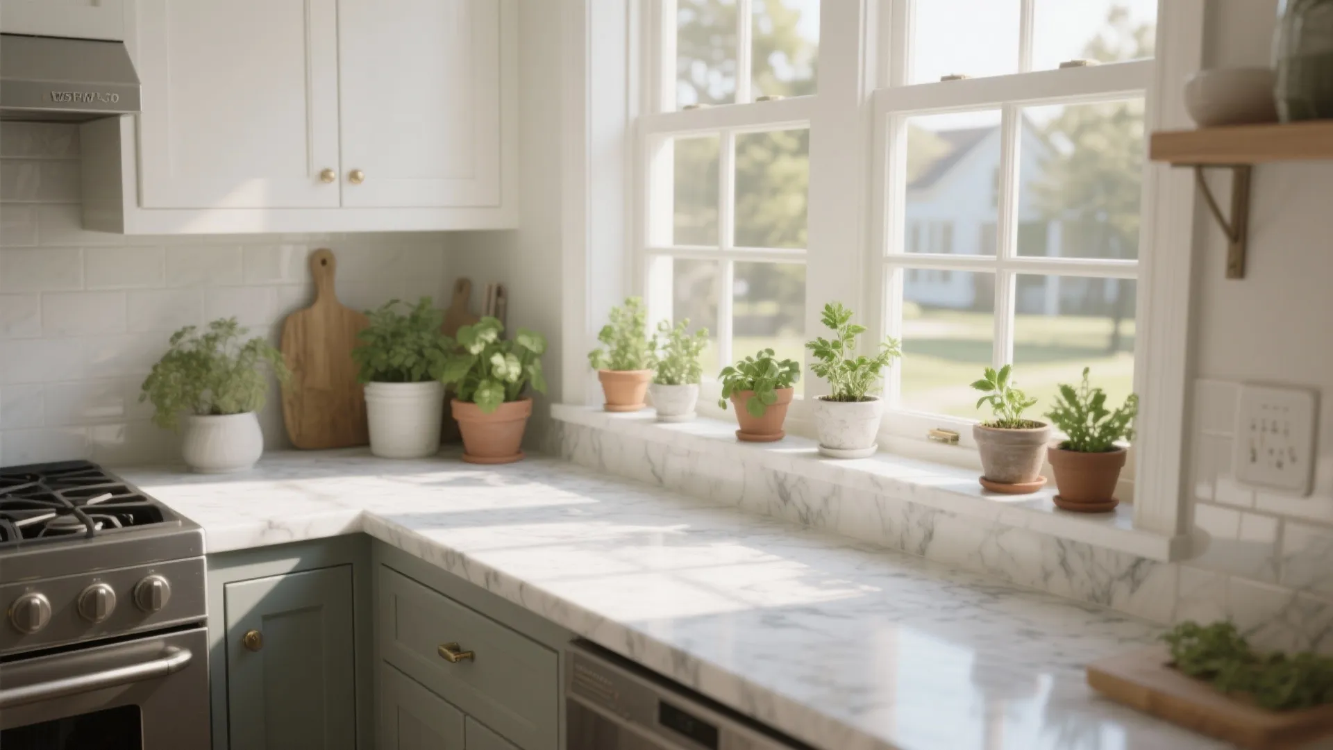Green kitchen cabinets with marble counter and small potted plants sitting on a bright windowsill