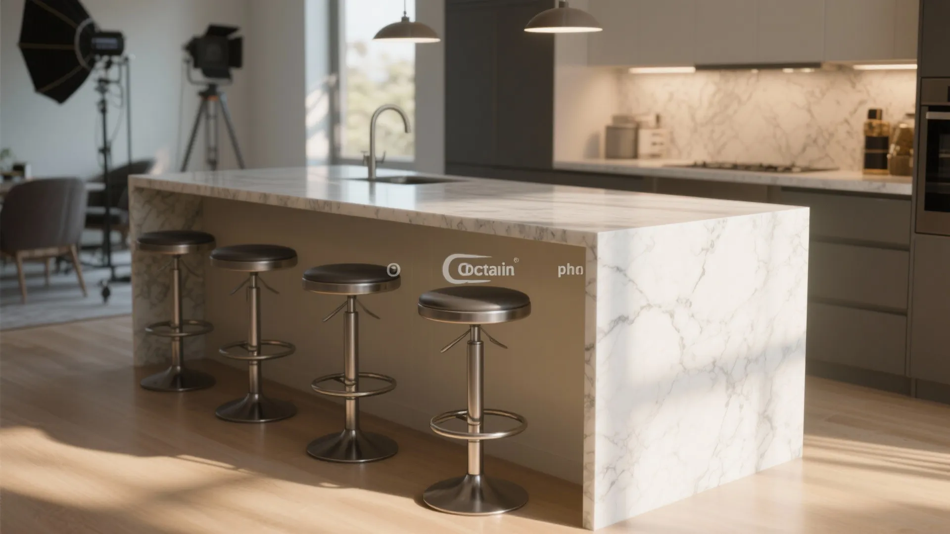 Modern kitchen with white marble island four metal bar stools wooden floor and ceiling lights