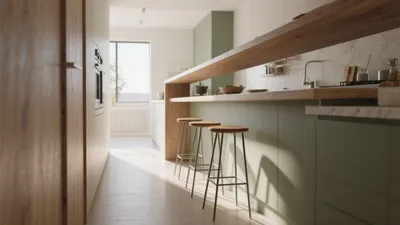 Modern Green Kitchen with Wooden Island & Bar Stools