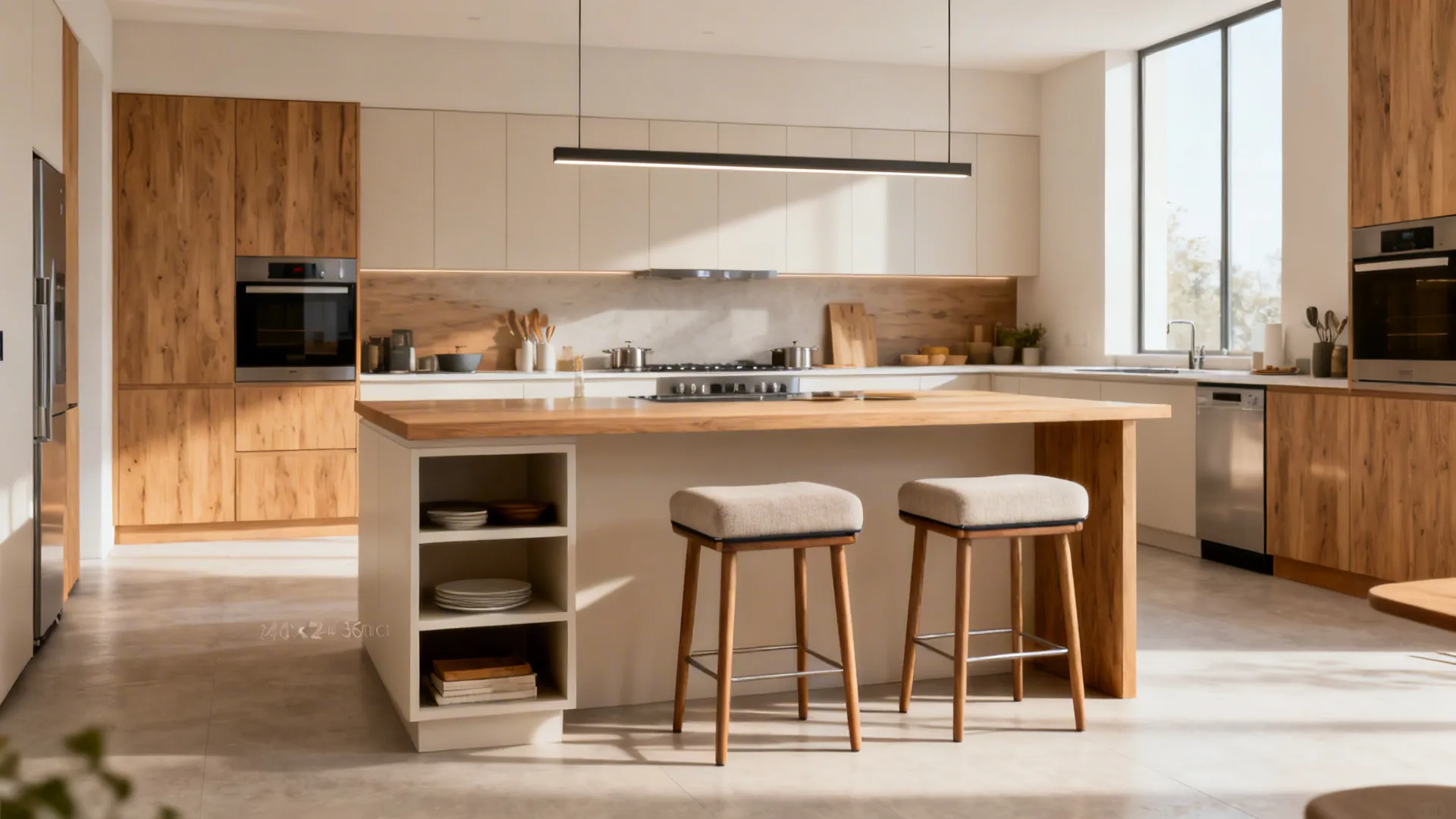 24x54 inch counter-height island table with upholstered stools and clear kitchen aisles.