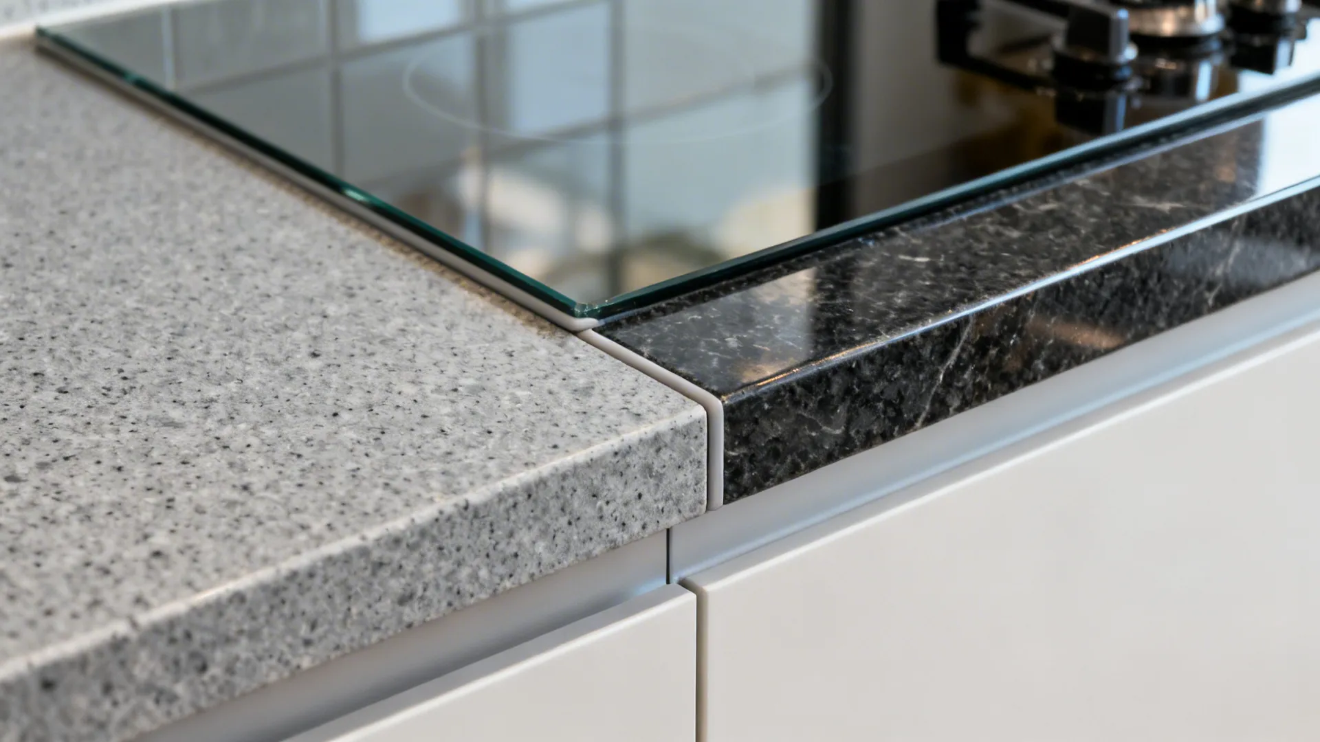 Close up of two different kitchen countertops meeting next to a modern black glass stove