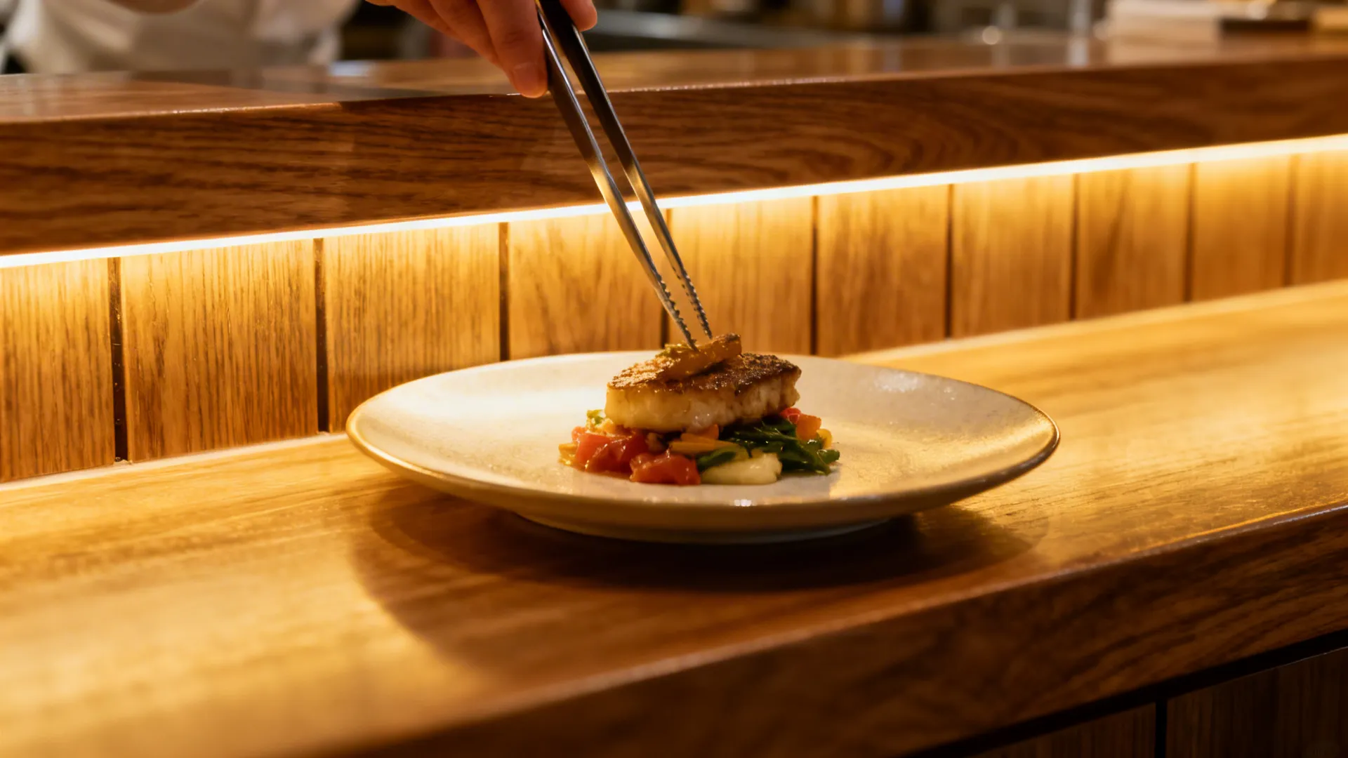 Close-up of chef’s counter wood fascia with LED grazing and a chef placing a plated dish.