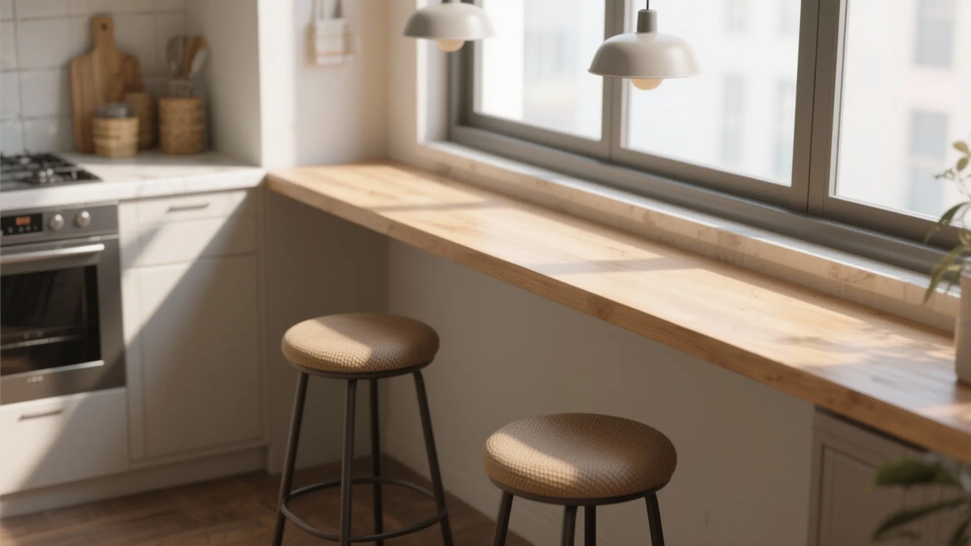 Counter-height ledge by a window with two stools creating a mini café bar in a tiny kitchen