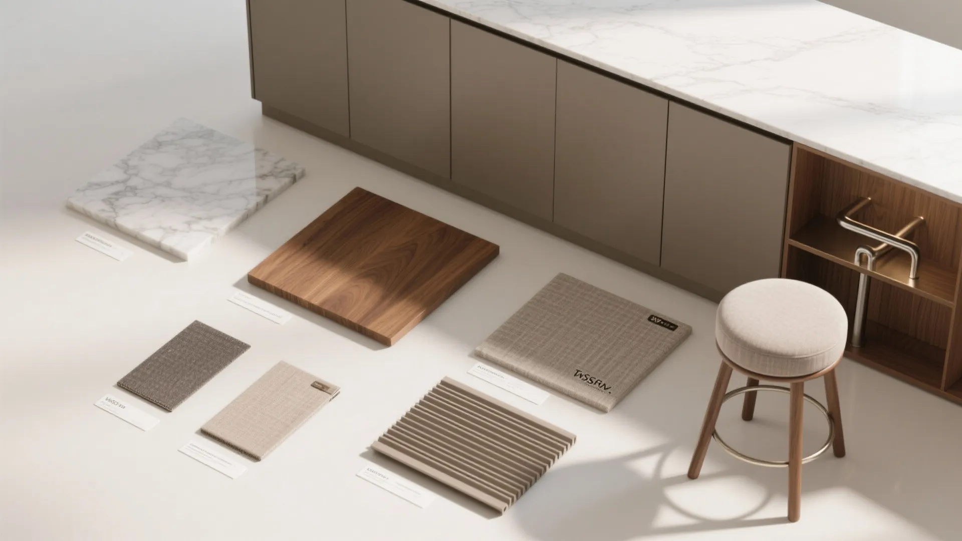 Kitchen material samples showing white marble wood grain and fabric swatches near a kitchen cabinet
