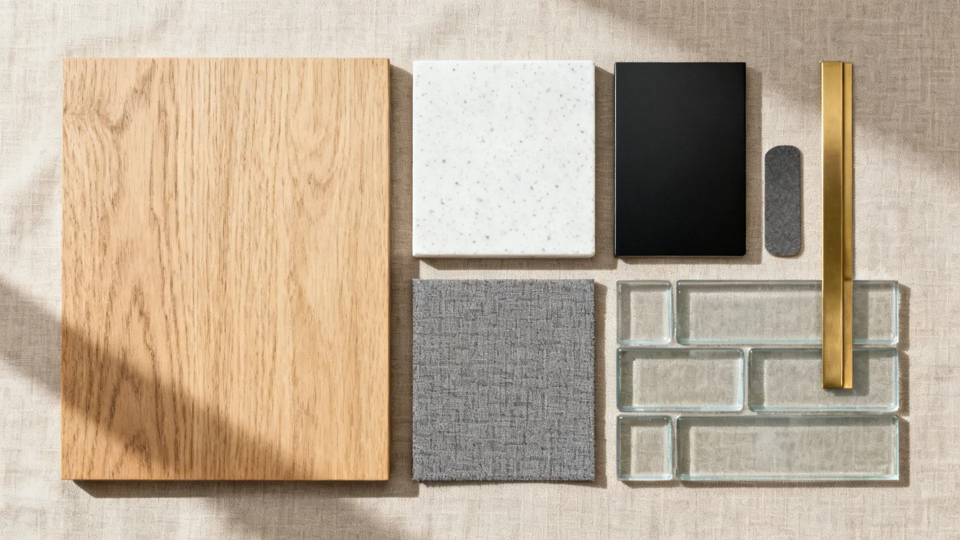 Interior design material samples including wood stone black tile grey fabric glass and gold handle