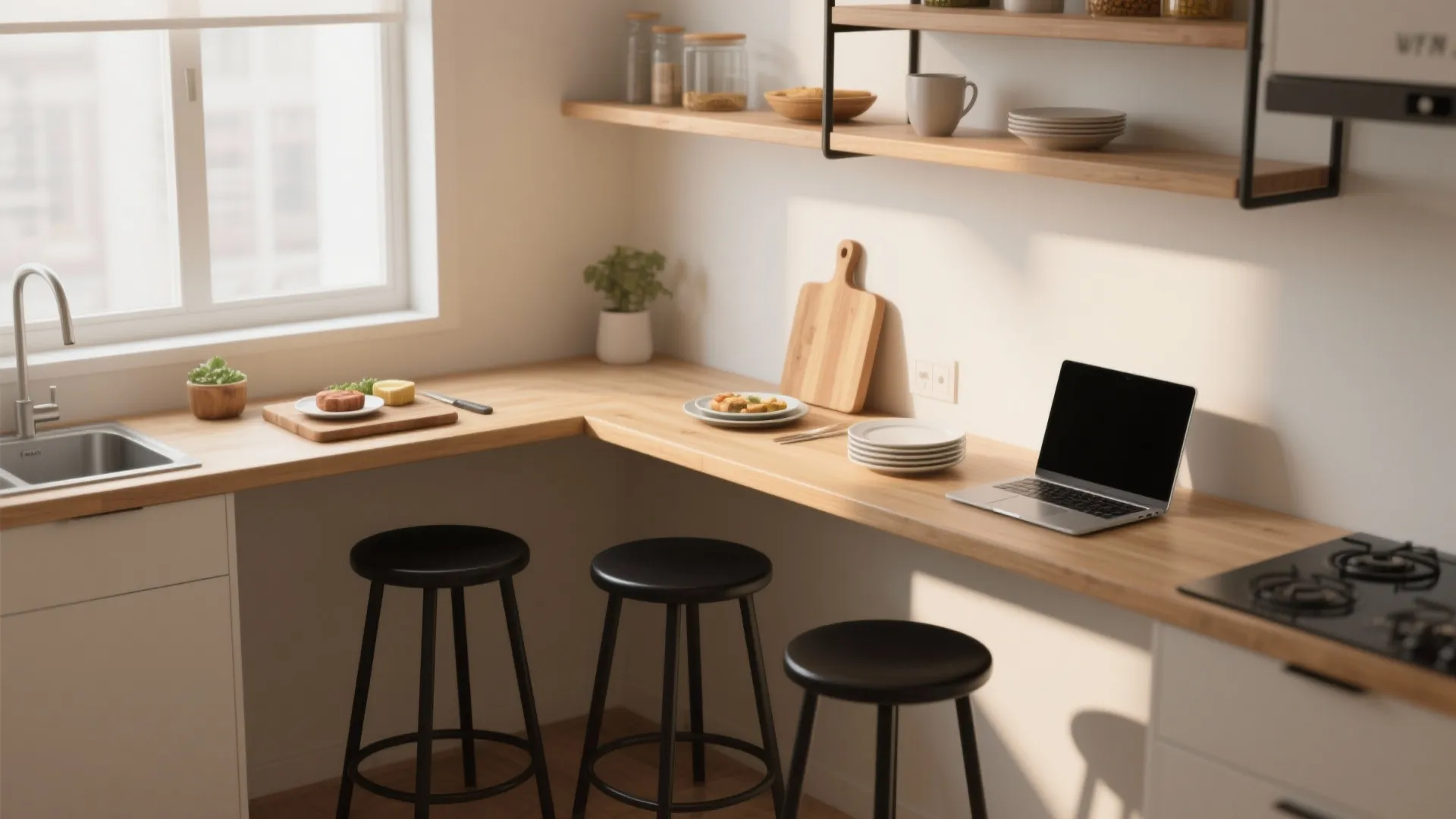 Modern kitchen with wooden counter used as workspace with laptop black bar stools and window