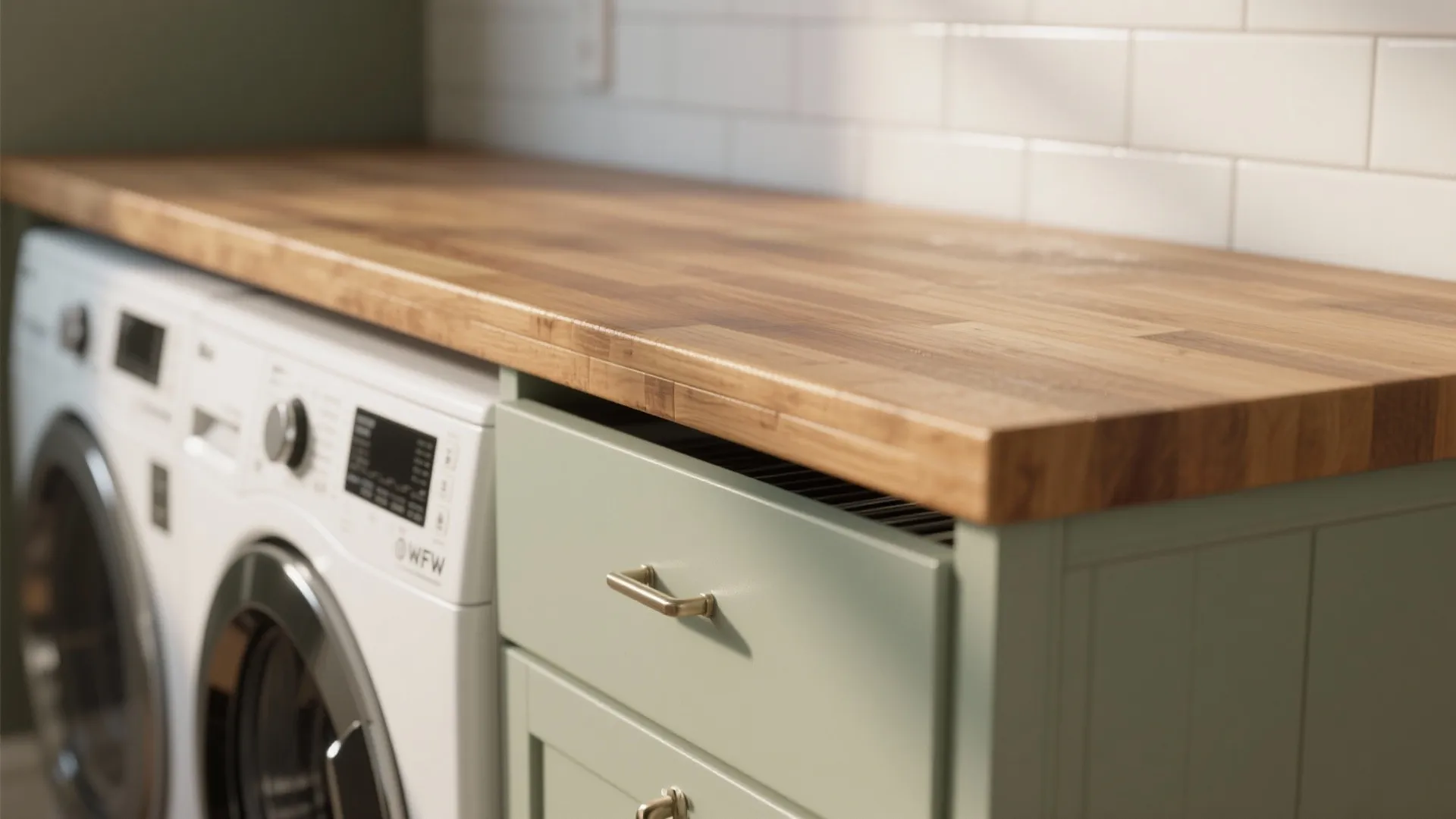 Wooden countertop over a white washing machine and green cabinets with drawers and white wall tiles