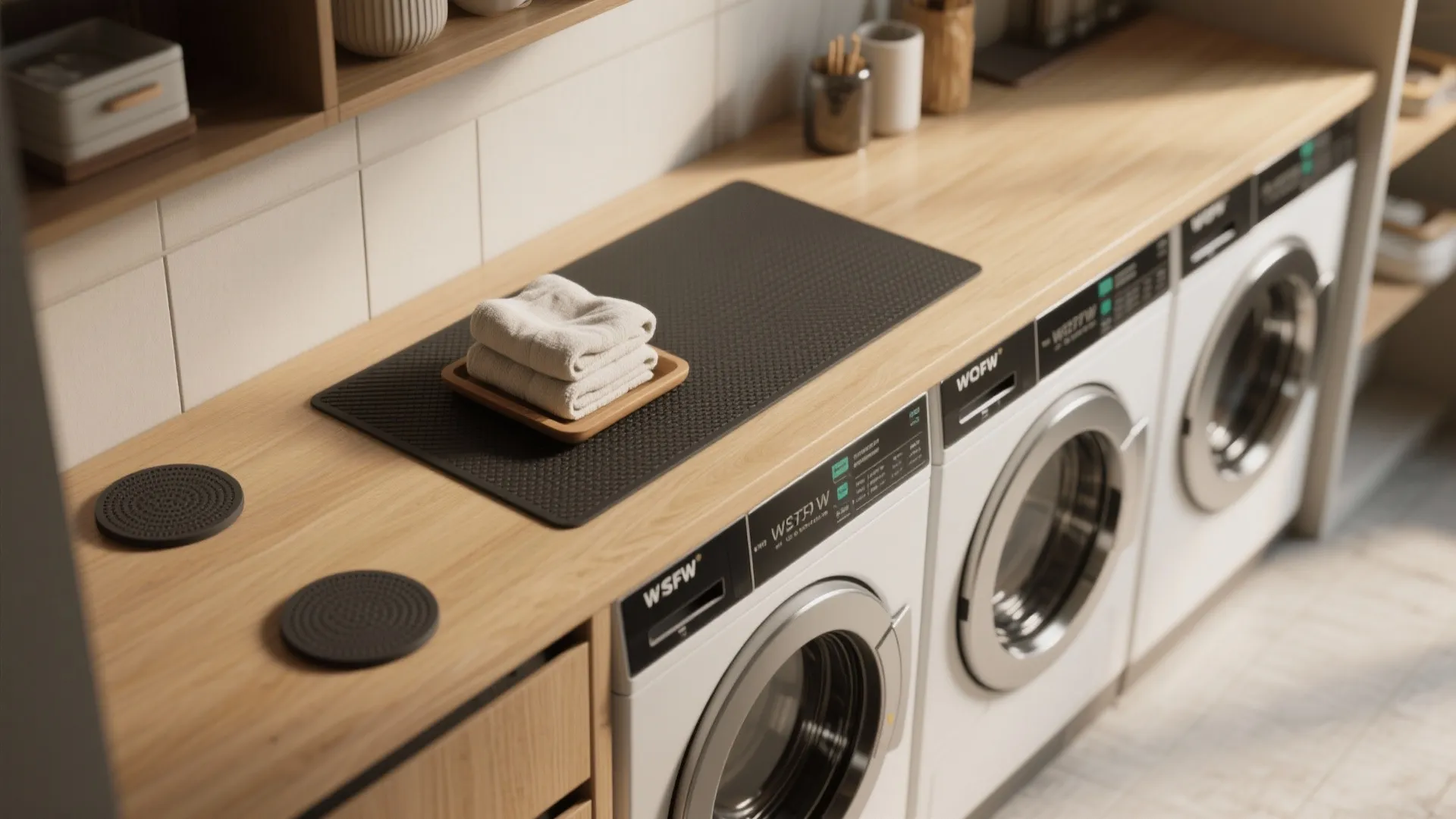 Modern laundry room with white washing machines under a long wooden counter and folded towels
