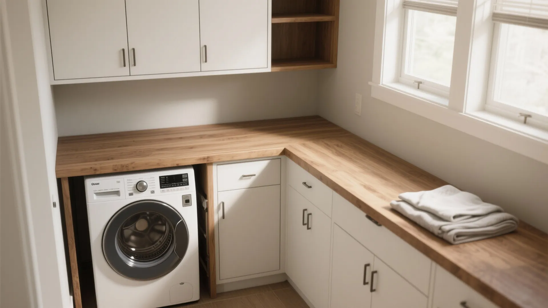 Front loading washing machine under wood countertop with white storage cabinets in a bright room
