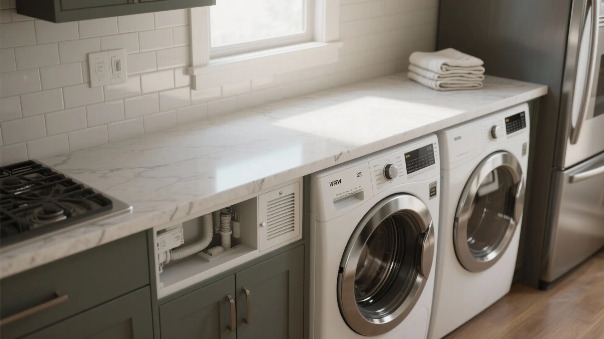 Laundry room featuring white washing machines under marble countertop with green cabinets and white tiles