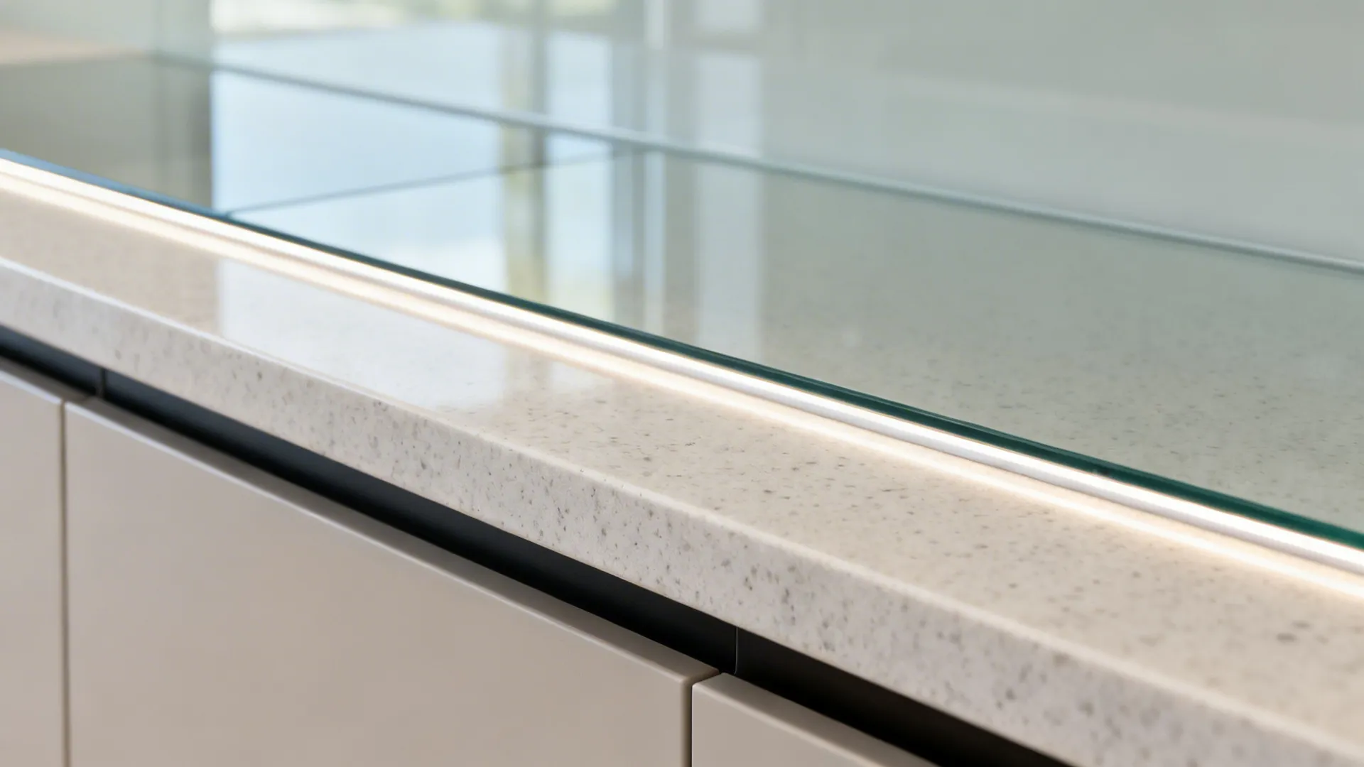 Macro of quartz counter overhang protecting a tempered glass backsplash with silicone seal.