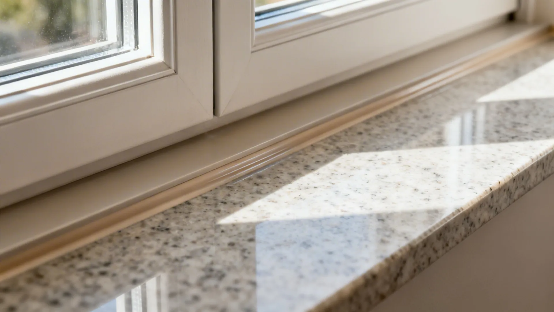 Macro of quartz counter return with shadow reveal and color-matched silicone at the window frame.