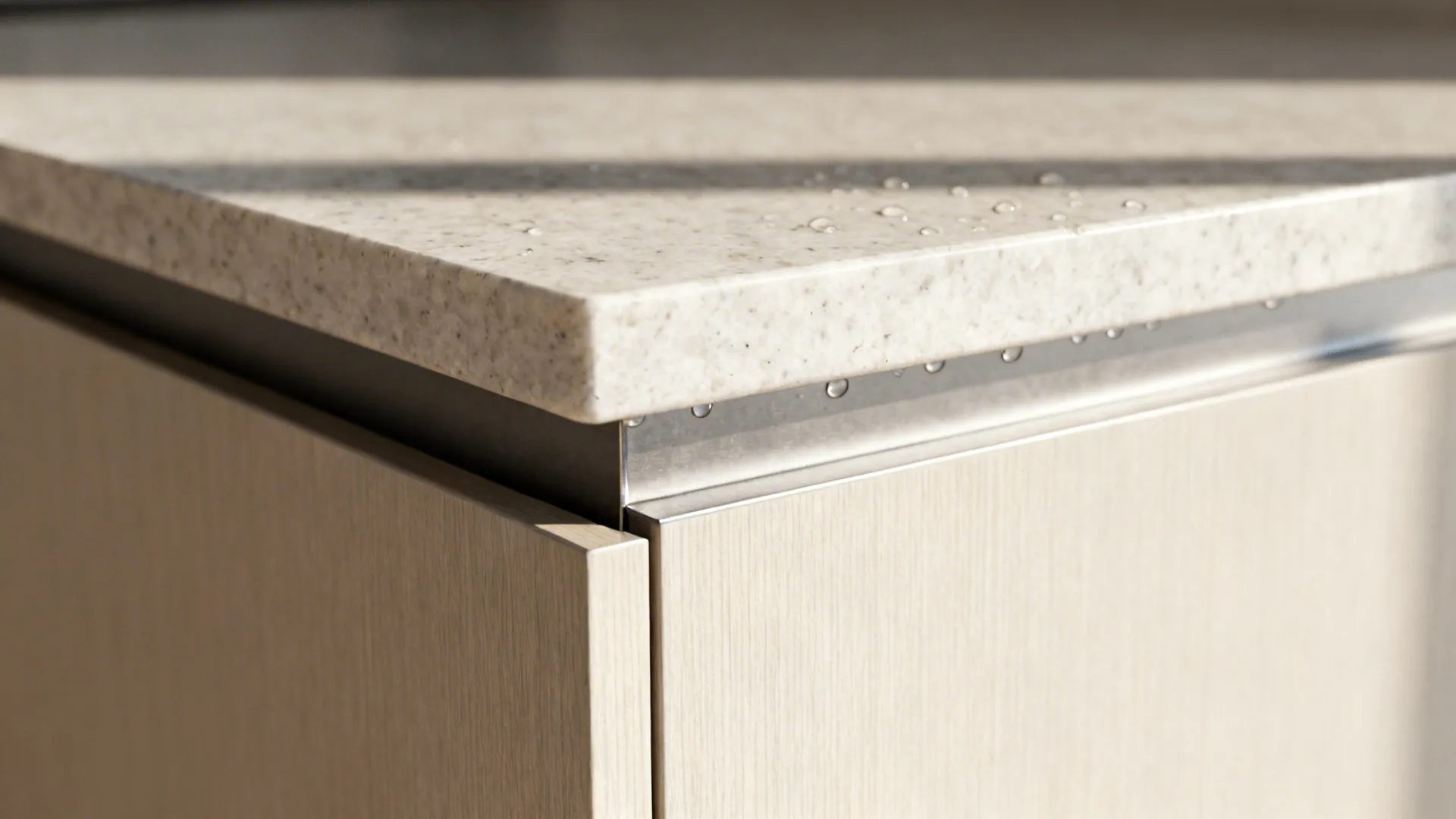 Close-up of quartz edge and shadow reveal above a cabinet front with hidden steel angle.