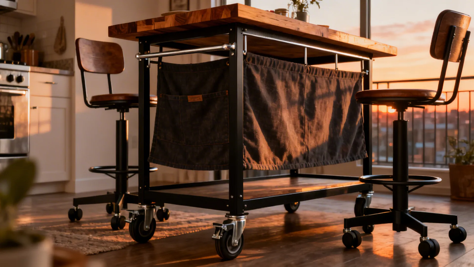 Counter-height rolling island with stools transitioning to a dining setup.